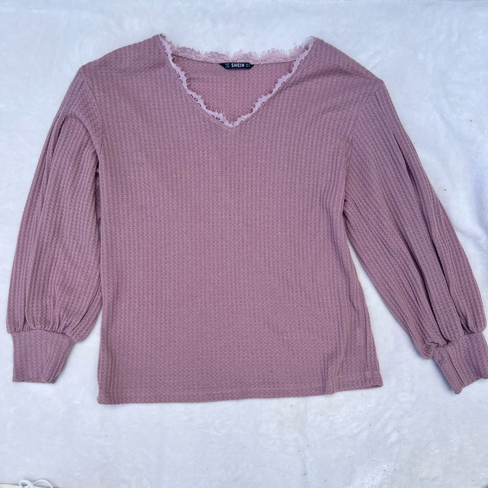 SHEIN Purple and Pink Puff Sleeve Ribbed Blouse